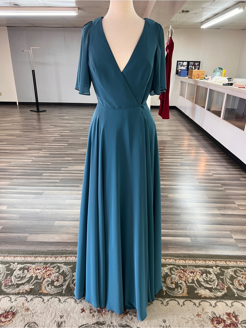 Deep Teal V-Neck Flutter Sleeve Maxi Dress
